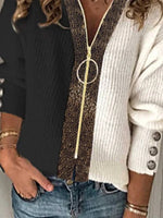 Zipper Leopard Buttons Long Sleeve Sweater