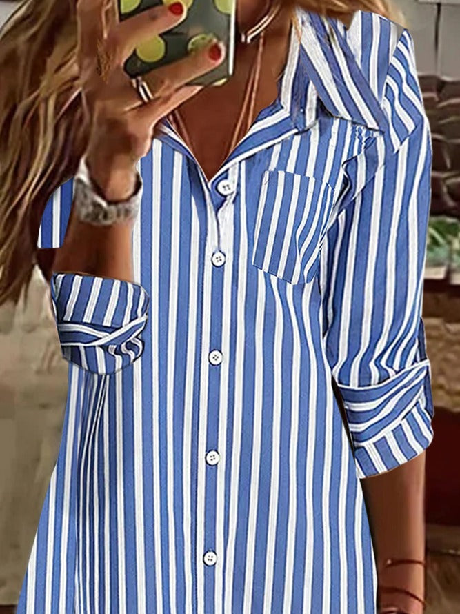 Womens Shirt Collar Striped Casual Dress