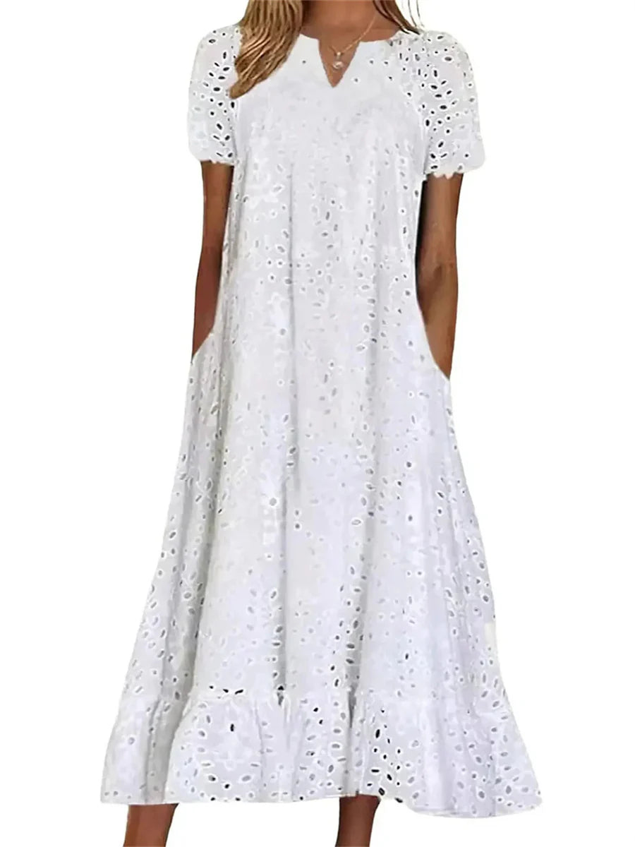 Women's Elegant Strategic Cutout V-neck Short Sleeve Maxi Dress