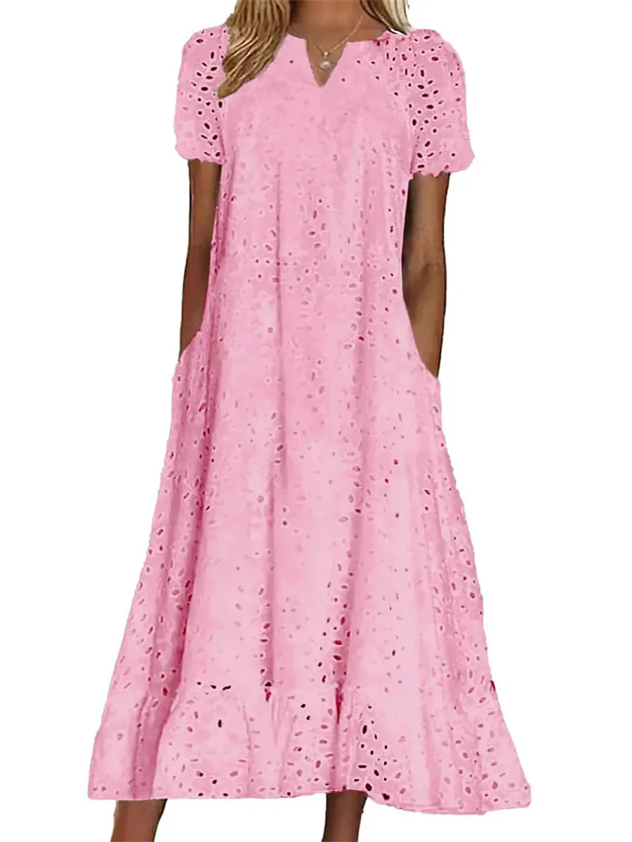 Women's Elegant Strategic Cutout V-neck Short Sleeve Maxi Dress