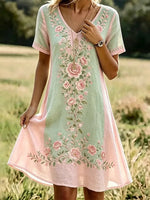 Women's Watercolor Floral Glitter Print Cotton V-Neck Dress