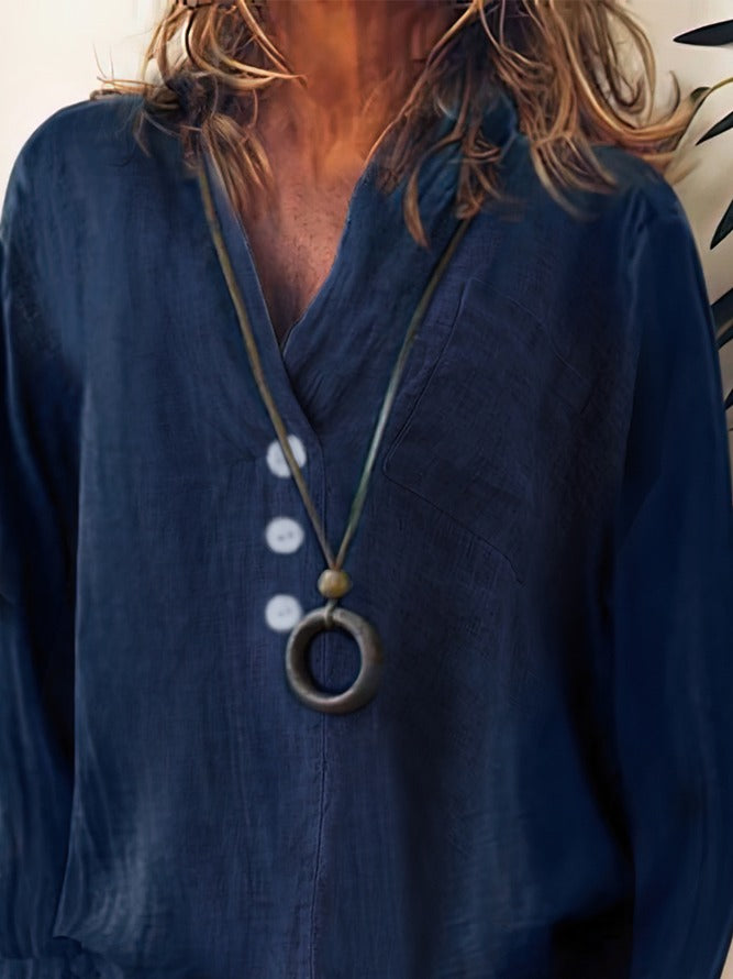 Women Plain Solid Button V Neck Casual Cotton Long Sleeve Blouse