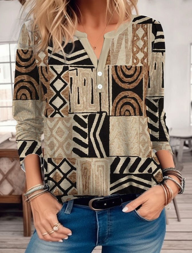 Ethnic Print Casual Buttoned V Neck Shirt