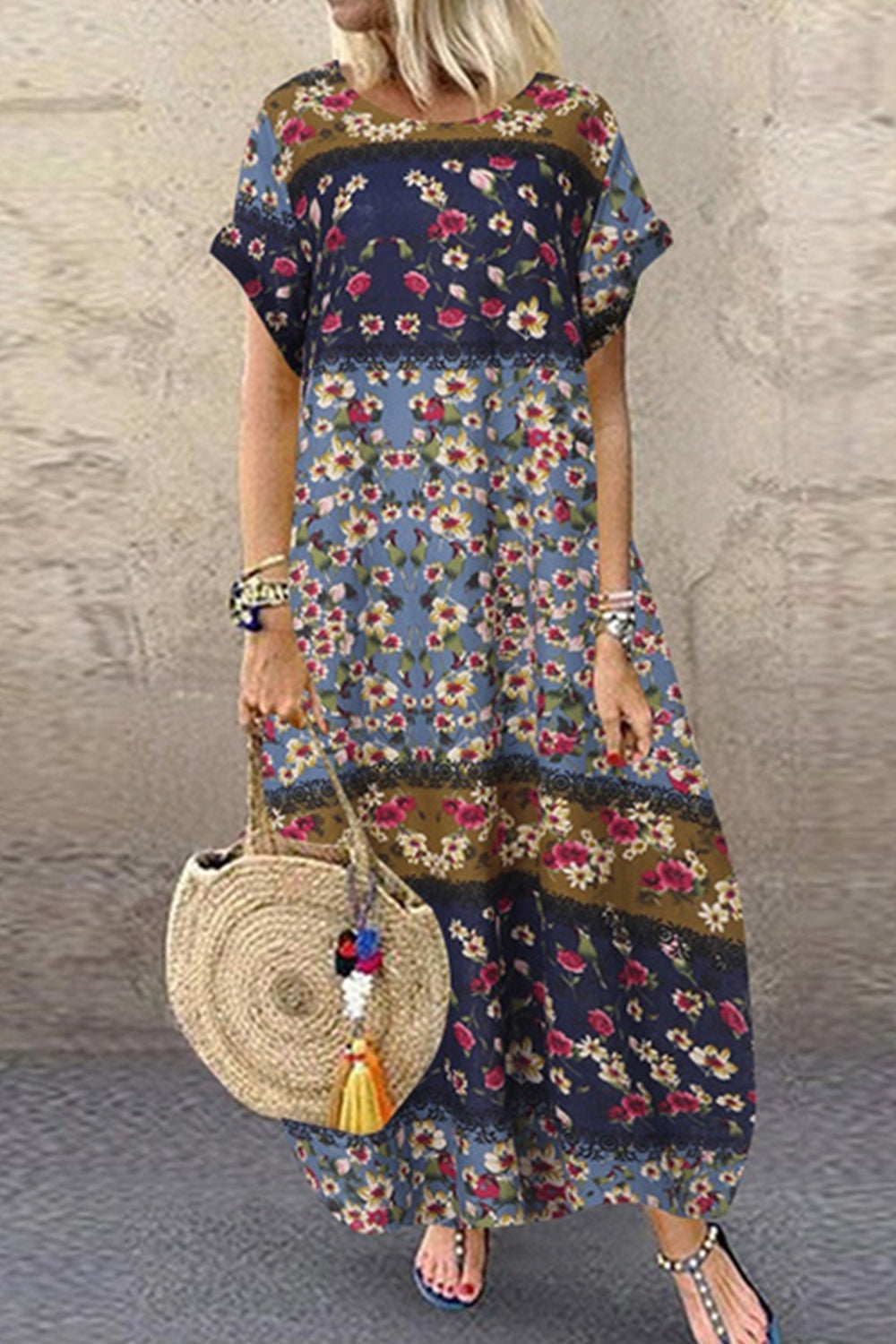 Womens Short Sleeve O-Neck Floral Kaftan Casual Baggy Long Dress