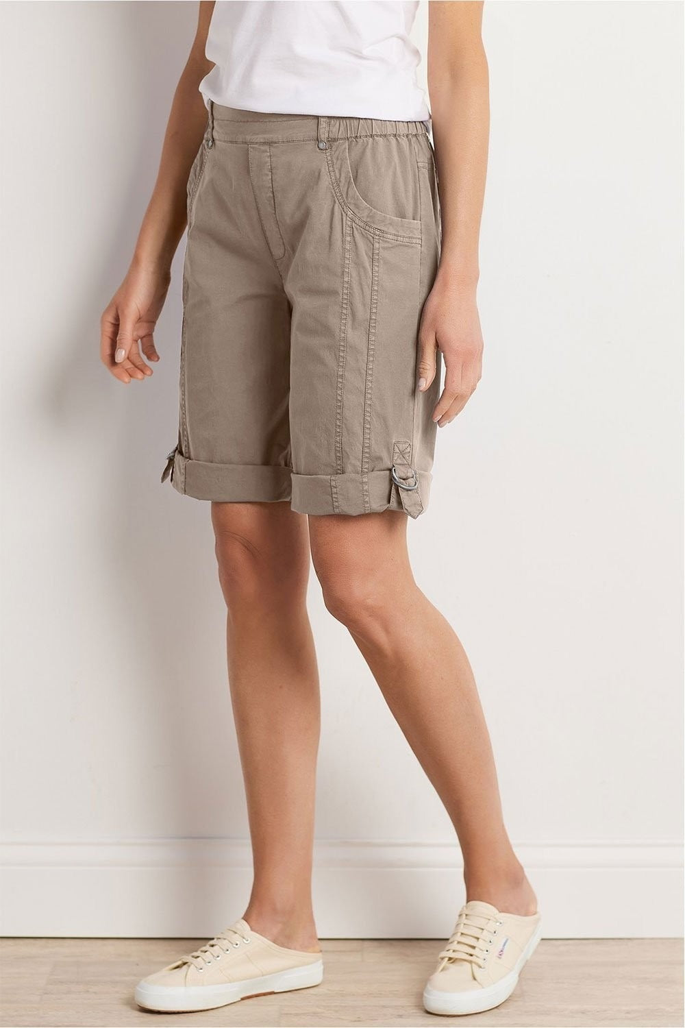 Side-seam Ring Tabs Flat Front Elastic Waistband Shorts