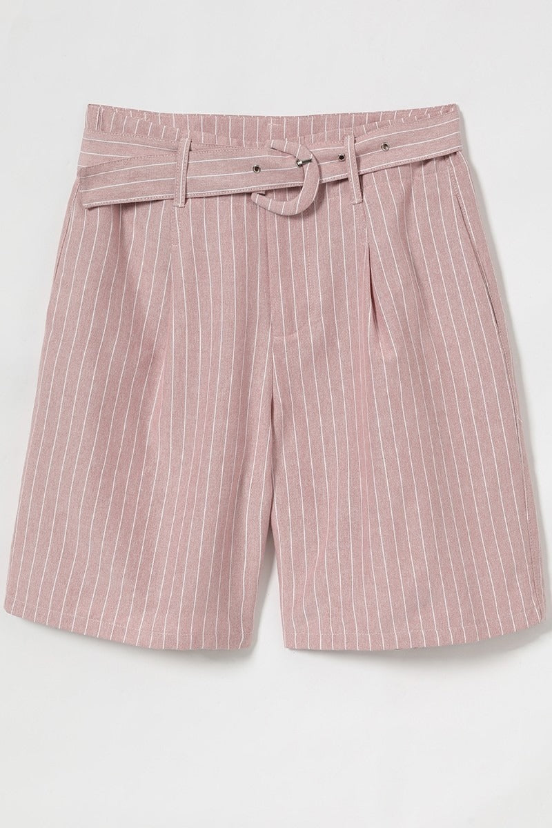 Woven Detachable Belt Side Slash Pockets Sleek Front Pleats Shorts