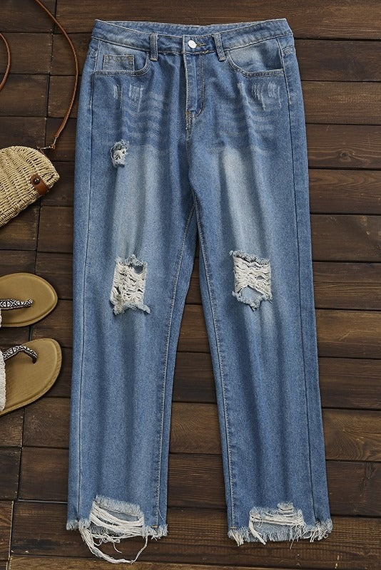 Denim Blue Zipper with Pockets Casual Jeans