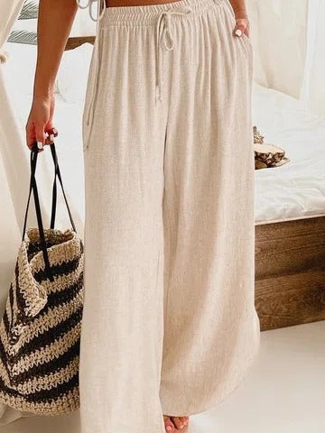 Solid Color with Pockets Sashes Wide Leg Pants