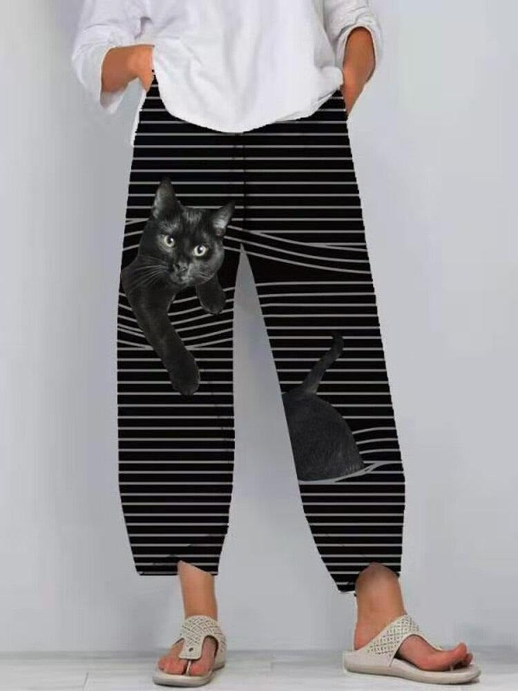 Cat Stripe Print with Pockets Elastic Waist Pants
