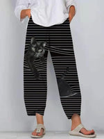 Cat Stripe Print with Pockets Elastic Waist Pants