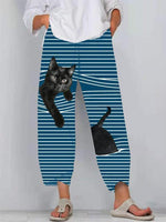 Cat Stripe Print with Pockets Elastic Waist Pants