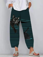 Cat Stripe Print with Pockets Elastic Waist Pants