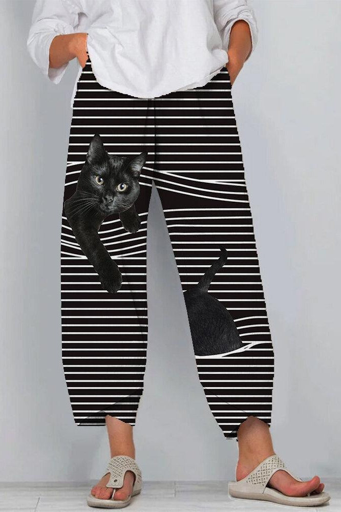 Cat Stripe Print with Pockets Elastic Waist Pants