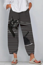 Cat Stripe Print with Pockets Elastic Waist Pants