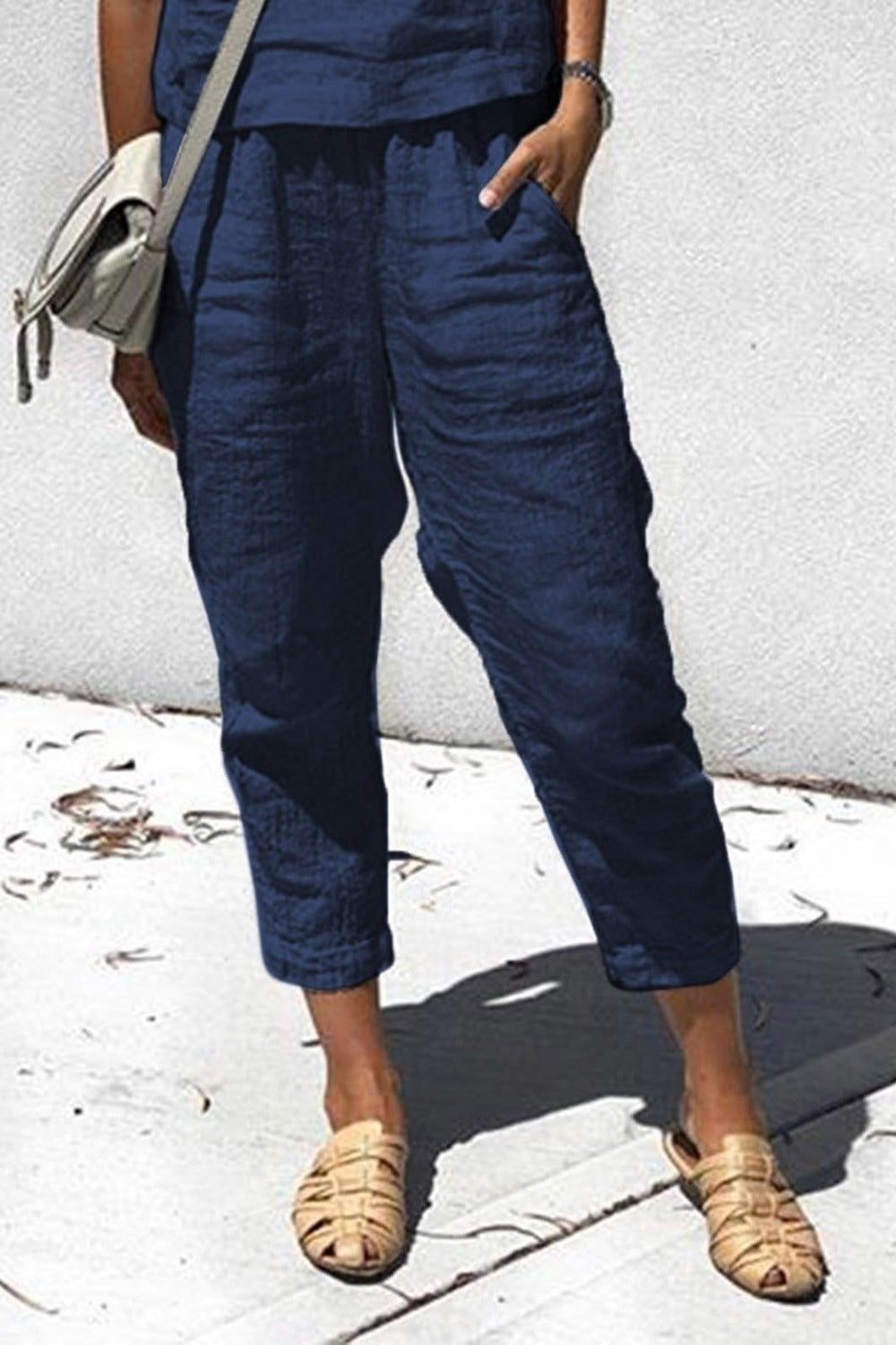 Solid Color with Pockets Bohemian Elastic Waist Pants