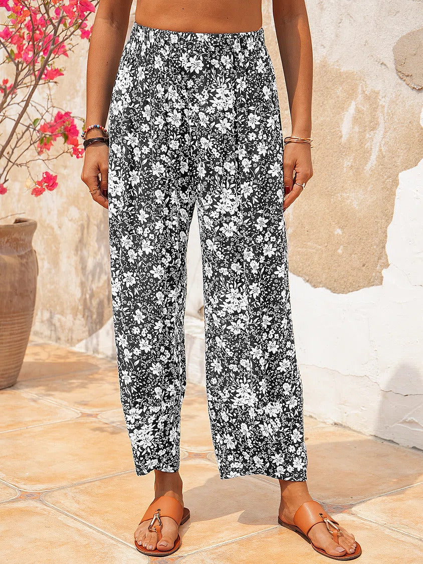 Floral Print with Pockets Elastic Waist Pants
