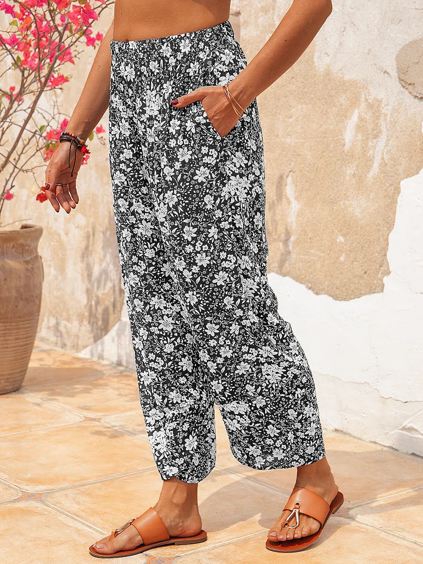 Floral Print with Pockets Elastic Waist Pants