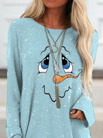 Snowman Face Print Casual Long Sleeves Sweatshirt