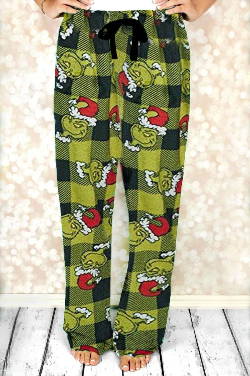 Christmas Grinch Print Plaid Elastic Waist Loose Pants