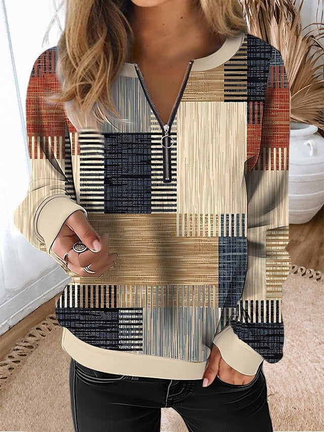 Color Block Casual Zipper V Neck Sweatshirt