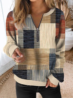 Color Block Casual Zipper V Neck Sweatshirt