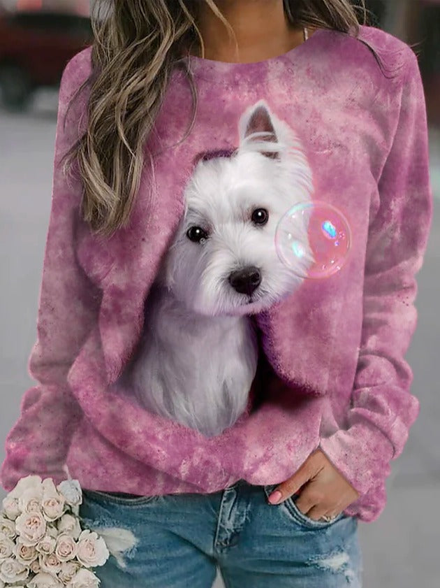 Casual Loose Dog Print Crew Neck Sweatshirt