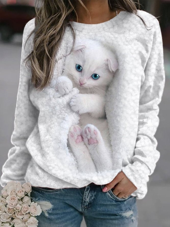 Crew Neck Cat Print Casual Sweatshirt