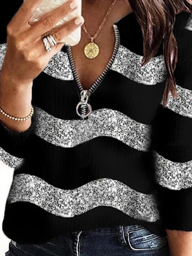 Geometric Print Casual Zipper V Neck Sweatshirt