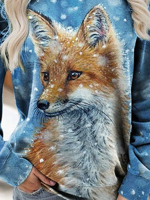 Casual Snowflake Fox Print Loose Sweatshirt