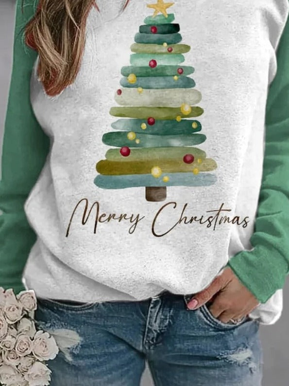 Christmas Tree Print Crew Neck Casual Sweatshirt