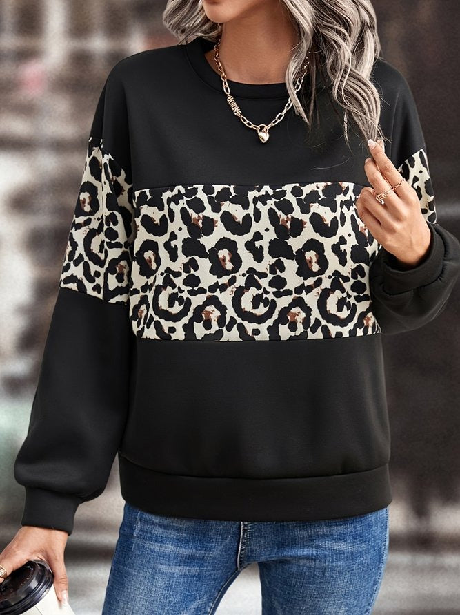 Casual Crew Neck Leopard Print Sweatshirt