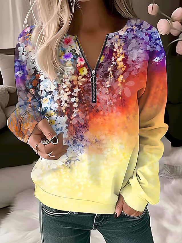Floral Print Casual V Neck Long Sleeve Sweatshirt