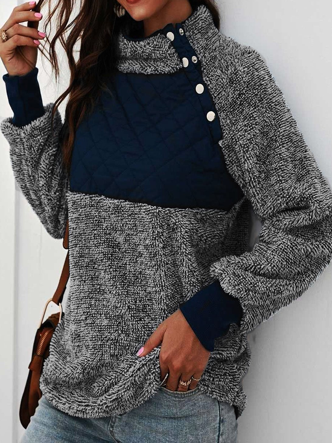 Color Block Stand Collar Buttons Long Sleeves Warm Sweater