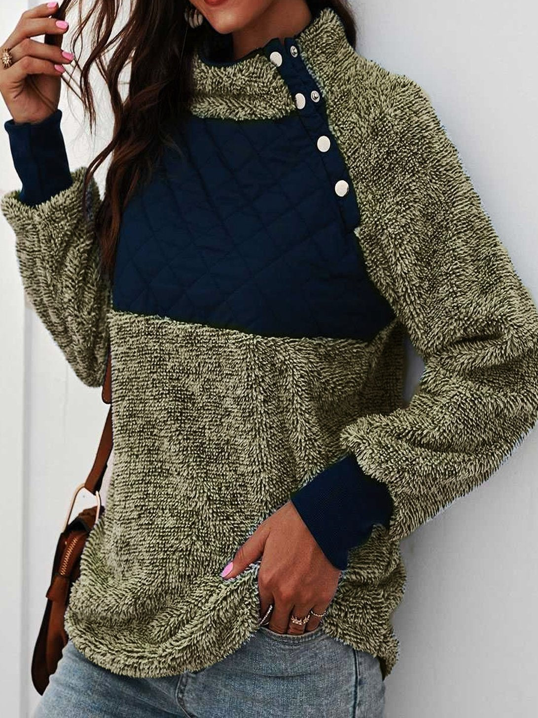 Color Block Stand Collar Buttons Long Sleeves Warm Sweater