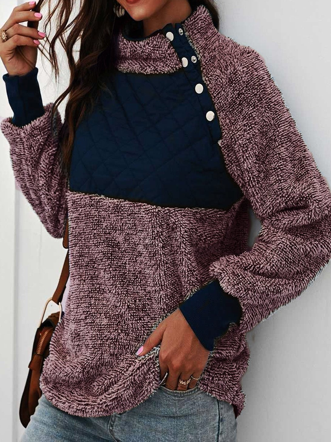 Color Block Stand Collar Buttons Long Sleeves Warm Sweater