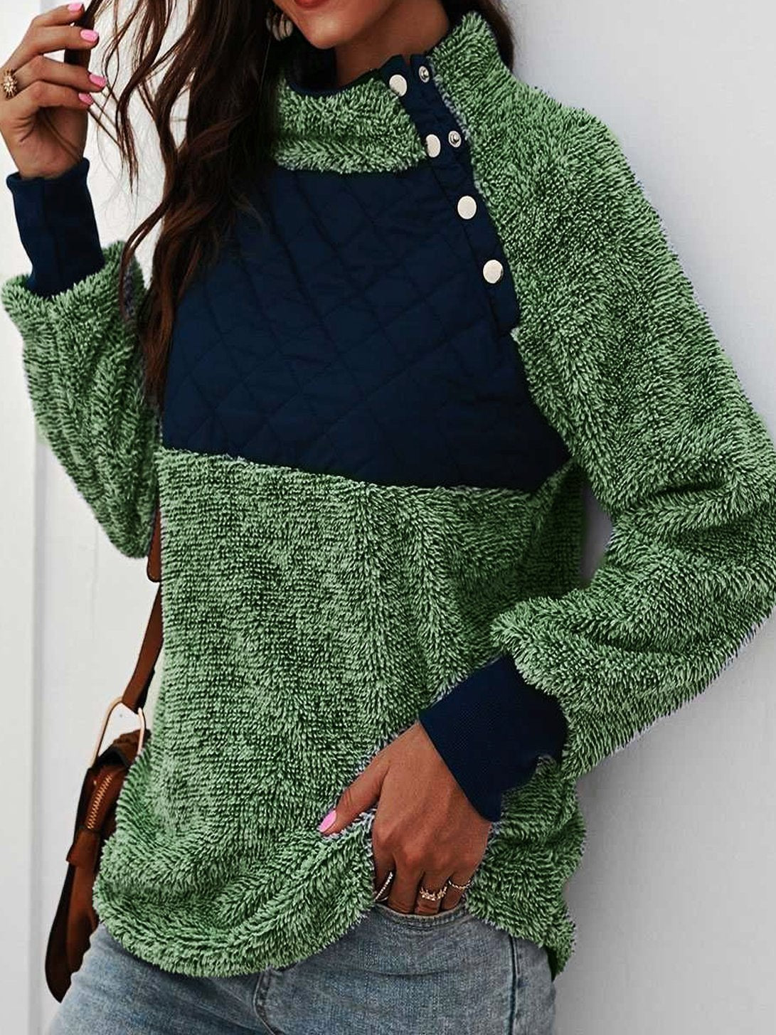 Color Block Stand Collar Buttons Long Sleeves Warm Sweater