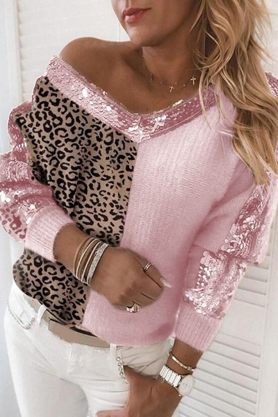 Leopard Splicing Sequins V-neck Long Sleeves Sweater