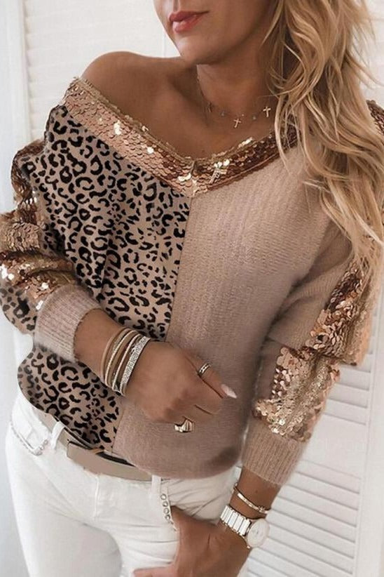 Leopard Splicing Sequins V-neck Long Sleeves Sweater