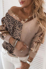 Leopard Splicing Sequins V-neck Long Sleeves Sweater