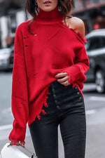 Plain Hollow Out High Neck Long Sleeves Sweater