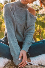 Plain Hollow Out High Neck Long Sleeves Sweater