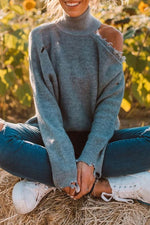 Plain Hollow Out High Neck Long Sleeves Sweater
