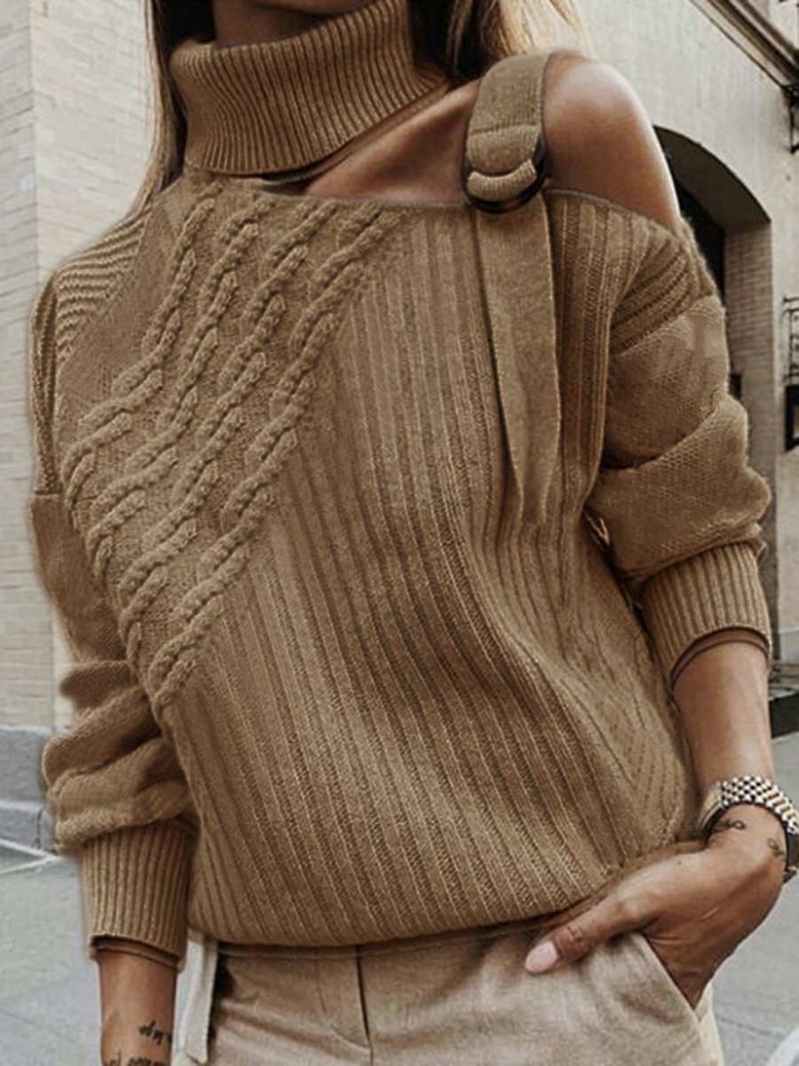 Solid Color High Neck Off-Shoulder Long Sleeves Sweater