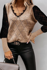 Plain Patchwork Lace V-neck Long Sleeves Sweater