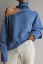 Solid Color High Neck Off-Shoulder Long Sleeves Sweater