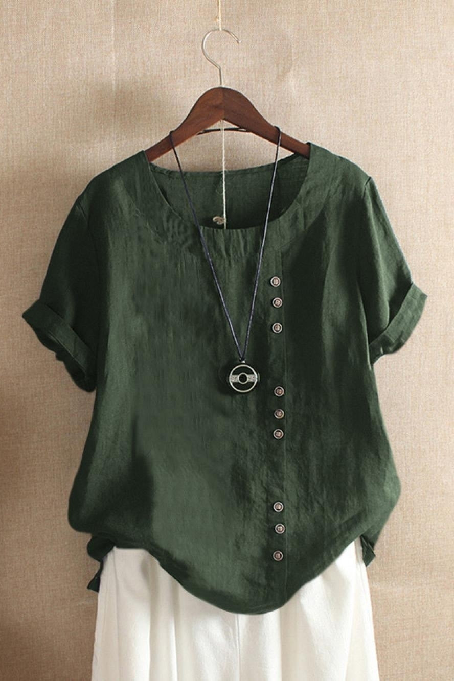 Women's Round Neck Solid Color Buttons Short Sleeves Blouse