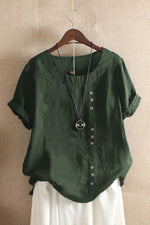 Women's Round Neck Solid Color Buttons Short Sleeves Blouse