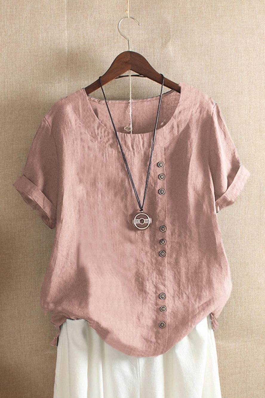 Women's Round Neck Solid Color Buttons Short Sleeves Blouse
