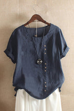 Women's Round Neck Solid Color Buttons Short Sleeves Blouse