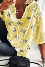 Ladies Butterfly Print V-neck 3/4 Sleeves Blouse